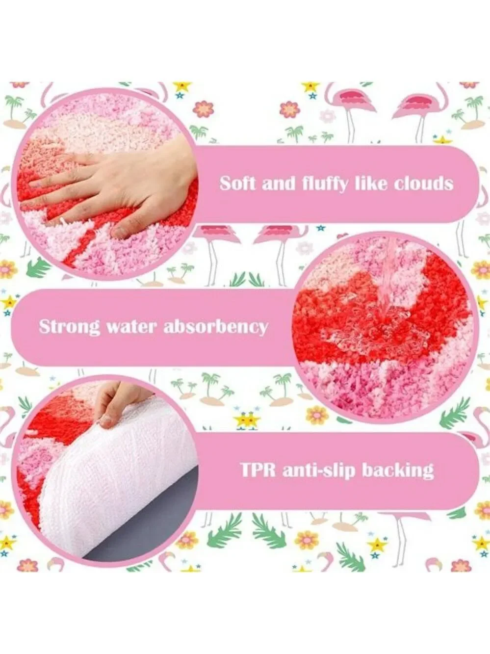 Pink Flamingo Palm Bath Mat Tropical Tufted Non Slip Bathroom Rug Soft Floor Dec